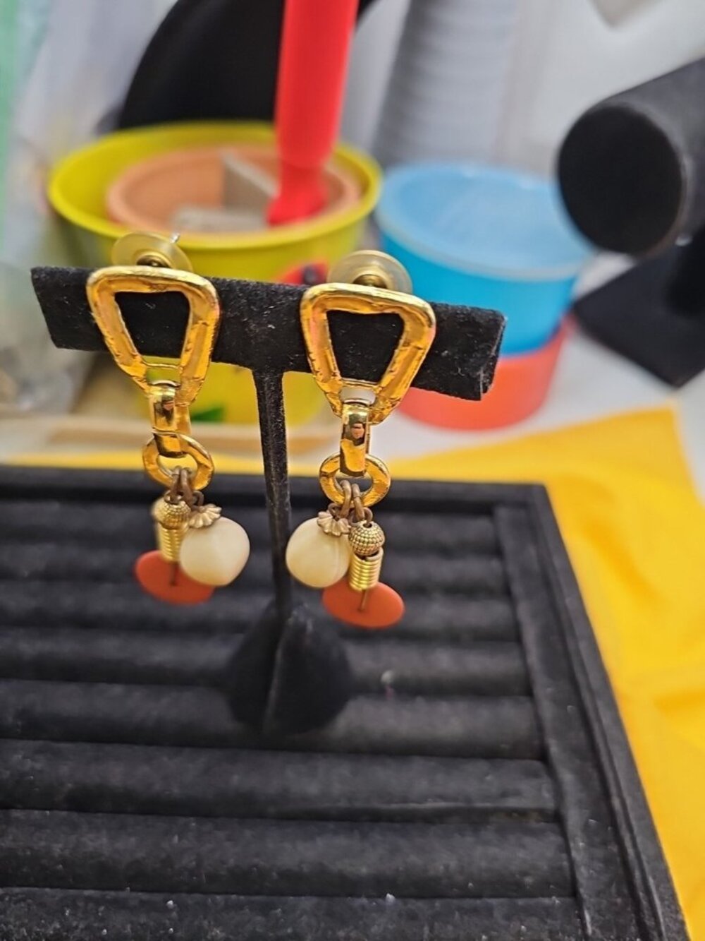 Earrings Pierced Dangle Posts Goldtone Earthtone Beads